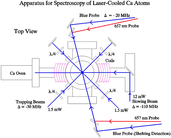 Schematic of the calcium magneto-trap apparatus.  Included are the three pairs of 423 nm trapping laser beams (detuned - 30 MHz) and the slowing beam, which is counter-propagating to the atomic beam (detuned to the red 100-200 MHz).